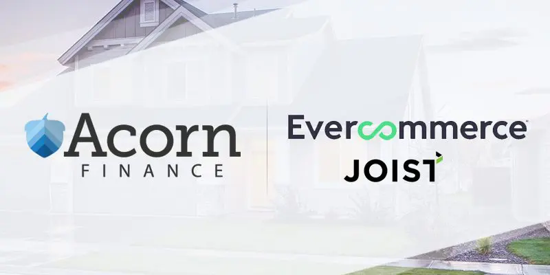 Composite image with acorn finance, evercommerce, joist logos on house background. Composite image with acorn finance, evercommerce, joist logos on house background.